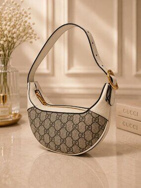 Authentic Gucci GG Supreme Mini Half Moon Shoulder Bag Canvas Leather